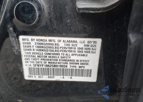 2005 Honda Pilot Ex-L from USA, damaged, VIN 5FNYF18625B019934